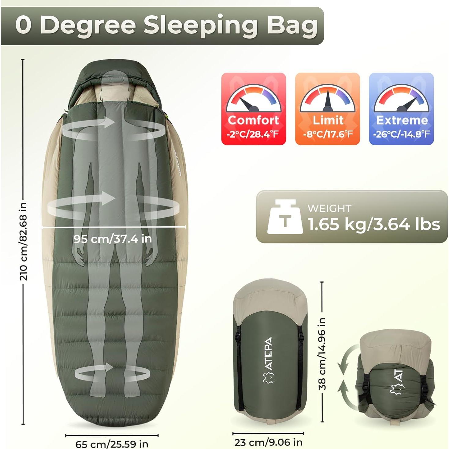 Saco de dormir ATEPA XL 0°C plumas ganso momia camping