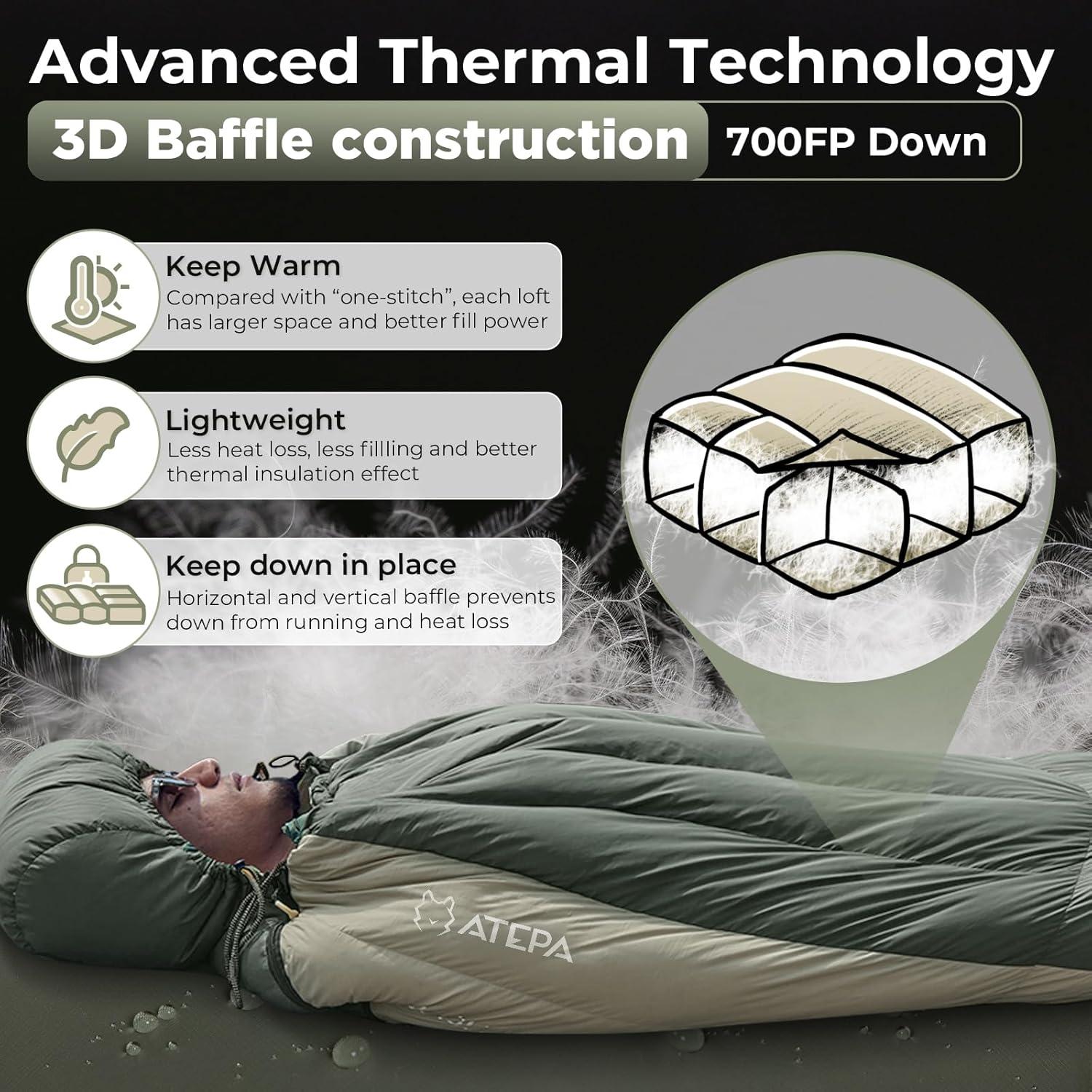 Saco de dormir ATEPA XL 0°C plumas ganso momia camping