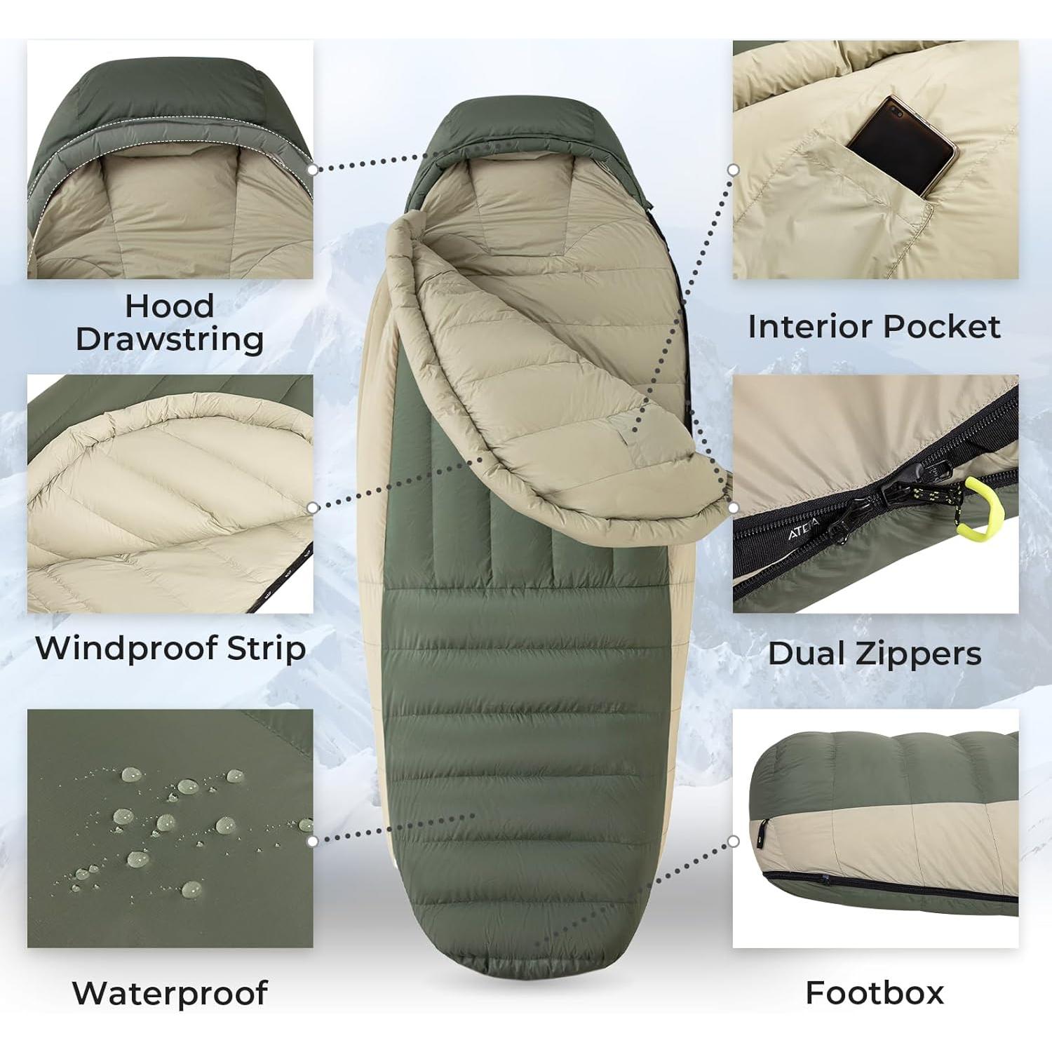 Saco de dormir ATEPA XL 0°C plumas ganso momia camping