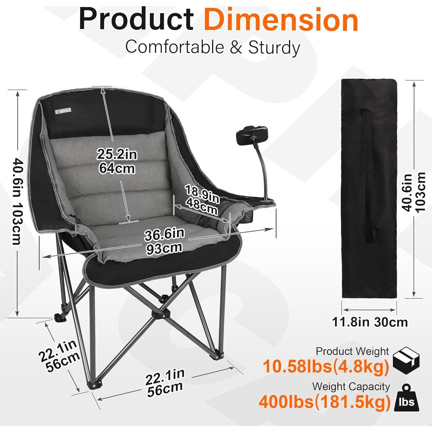 Silla de Camping Plegable CampHill XL Negra 181 kg Resistente