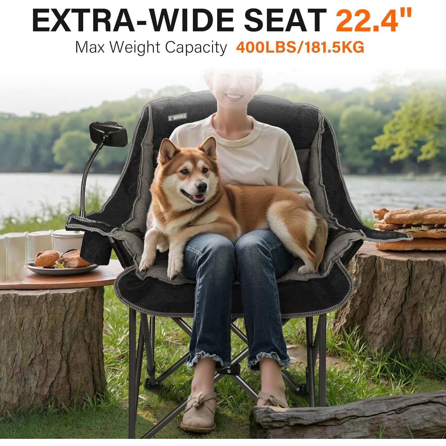 Silla de Camping Plegable CampHill XL Negra 181 kg Resistente