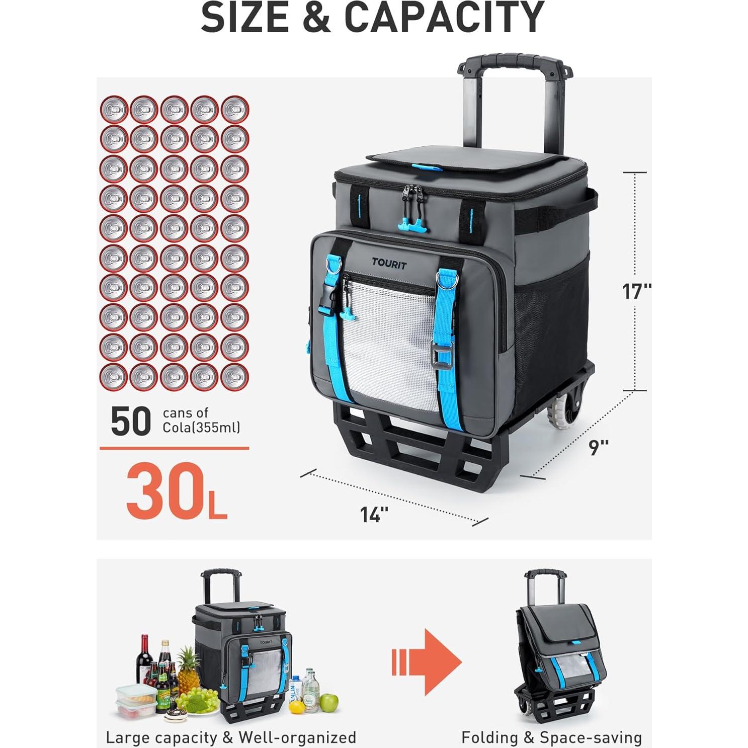 Cooler Rodante TOURIT 30L con Ruedas y Mango Retráctil
