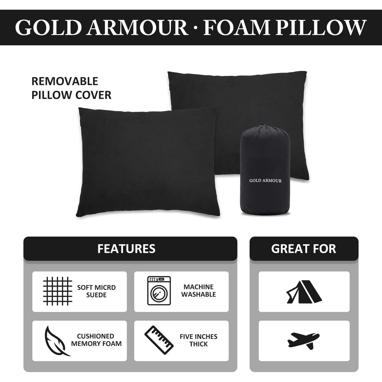 Almohada de Camping Gold Armour Pequeña Espuma de Memoria 30.5x40.6cm Negra