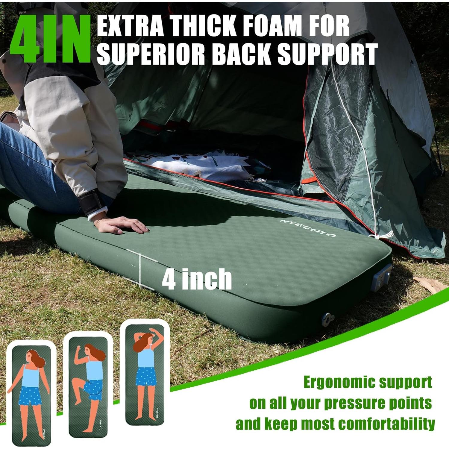 Self Inflating Sleeping Pad for Camping, 4" Extra-Thick Memory Foam Camping Mattress with Electric Pump, Fast Inflate & Deflate,9.5 R-Value Insulated Camping Pad for Car Travel Tent Cot, Green