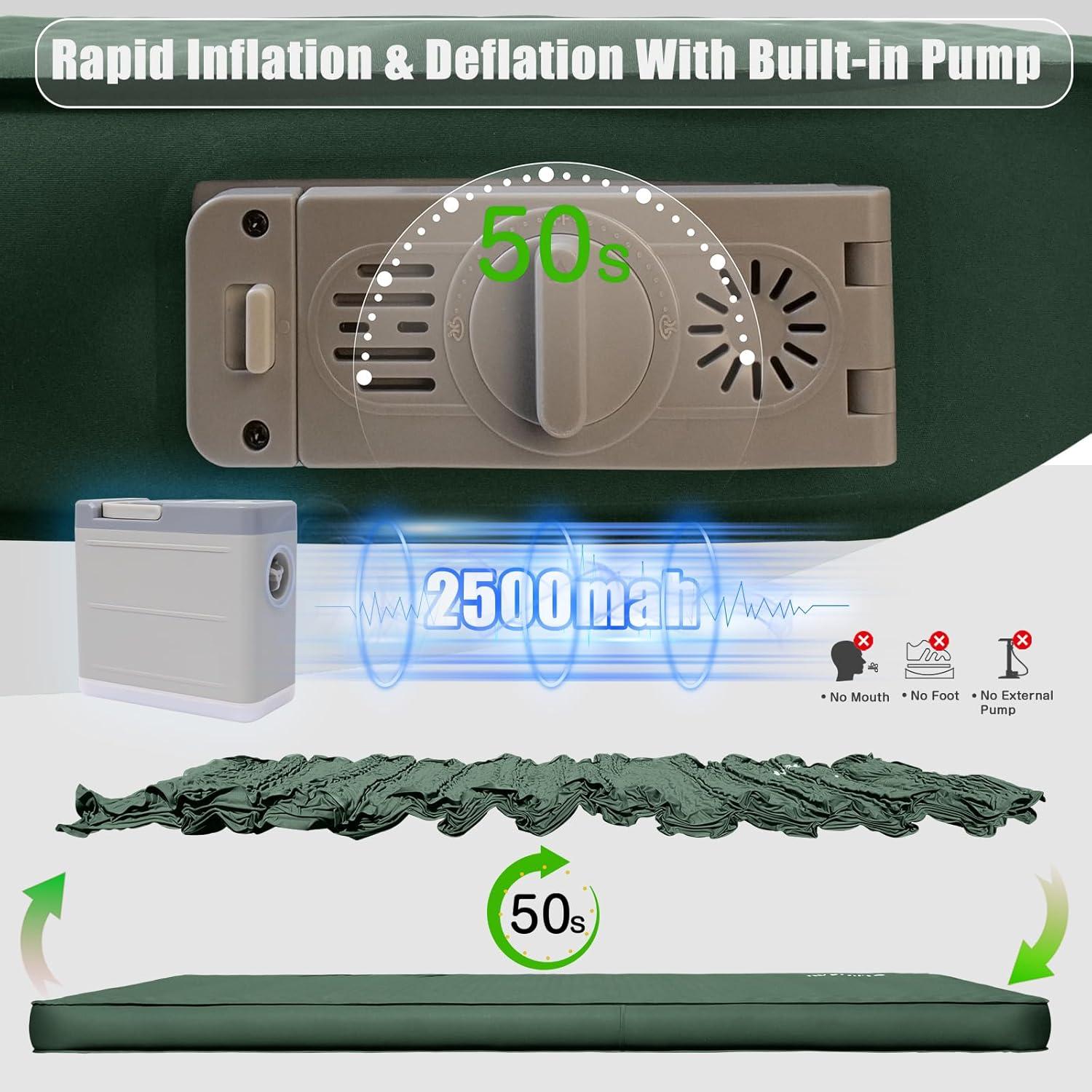 Self Inflating Sleeping Pad for Camping, 4" Extra-Thick Memory Foam Camping Mattress with Electric Pump, Fast Inflate & Deflate,9.5 R-Value Insulated Camping Pad for Car Travel Tent Cot, Green