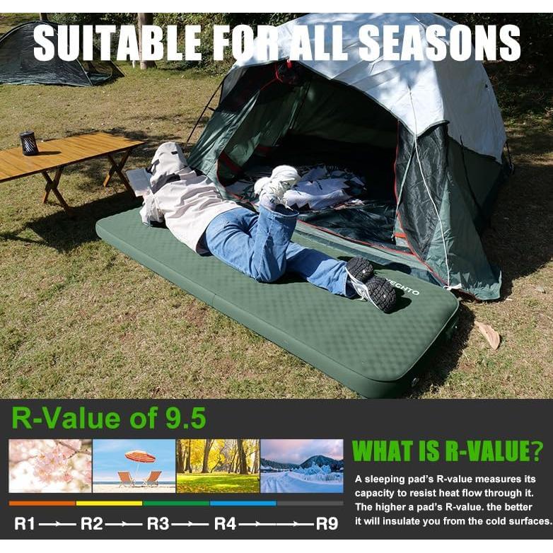 Self Inflating Sleeping Pad for Camping, 4" Extra-Thick Memory Foam Camping Mattress with Electric Pump, Fast Inflate & Deflate,9.5 R-Value Insulated Camping Pad for Car Travel Tent Cot, Green