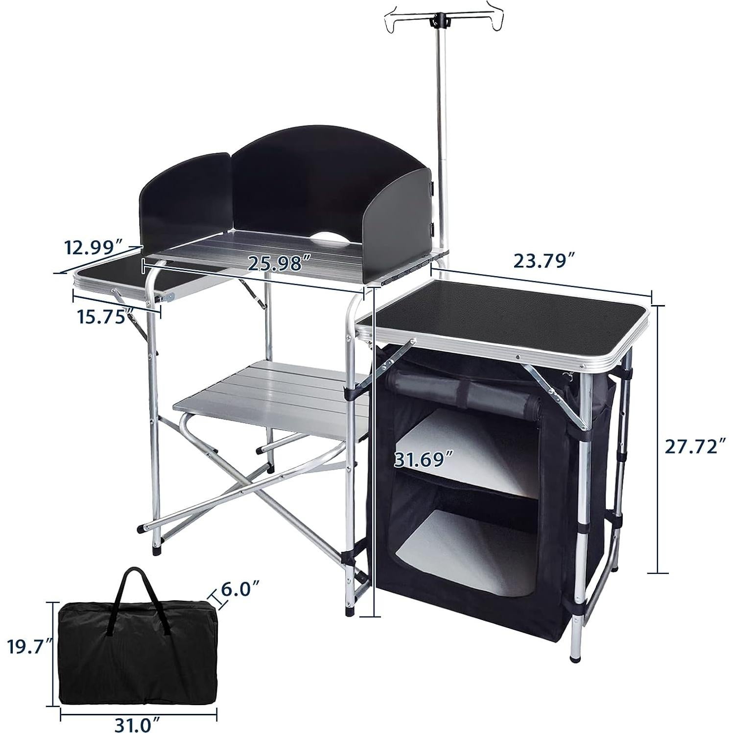 CampLand Folding Cooking Table Outdoor Portable Cook Station Aluminum Camping Kitchen with Storage Organizer (Black)