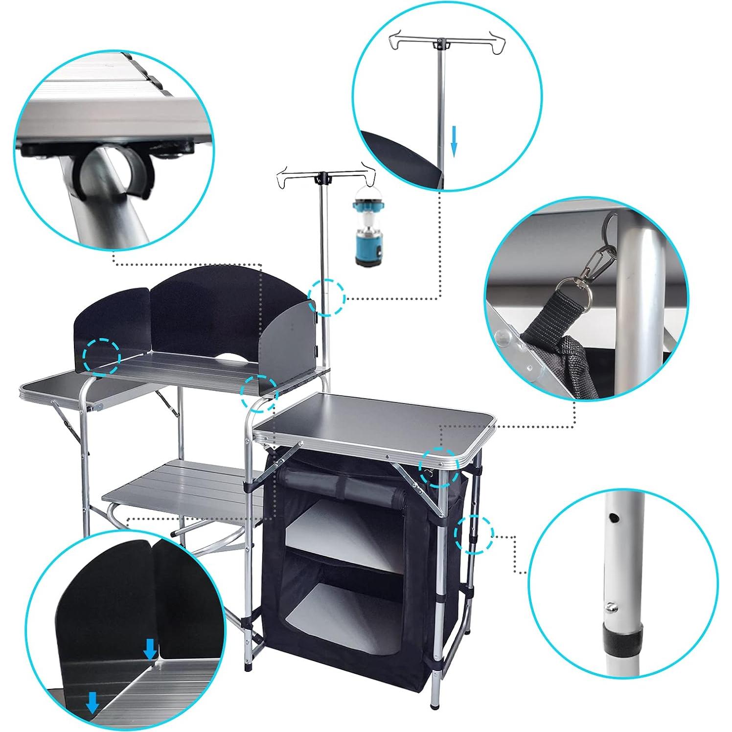 CampLand Folding Cooking Table Outdoor Portable Cook Station Aluminum Camping Kitchen with Storage Organizer (Black)