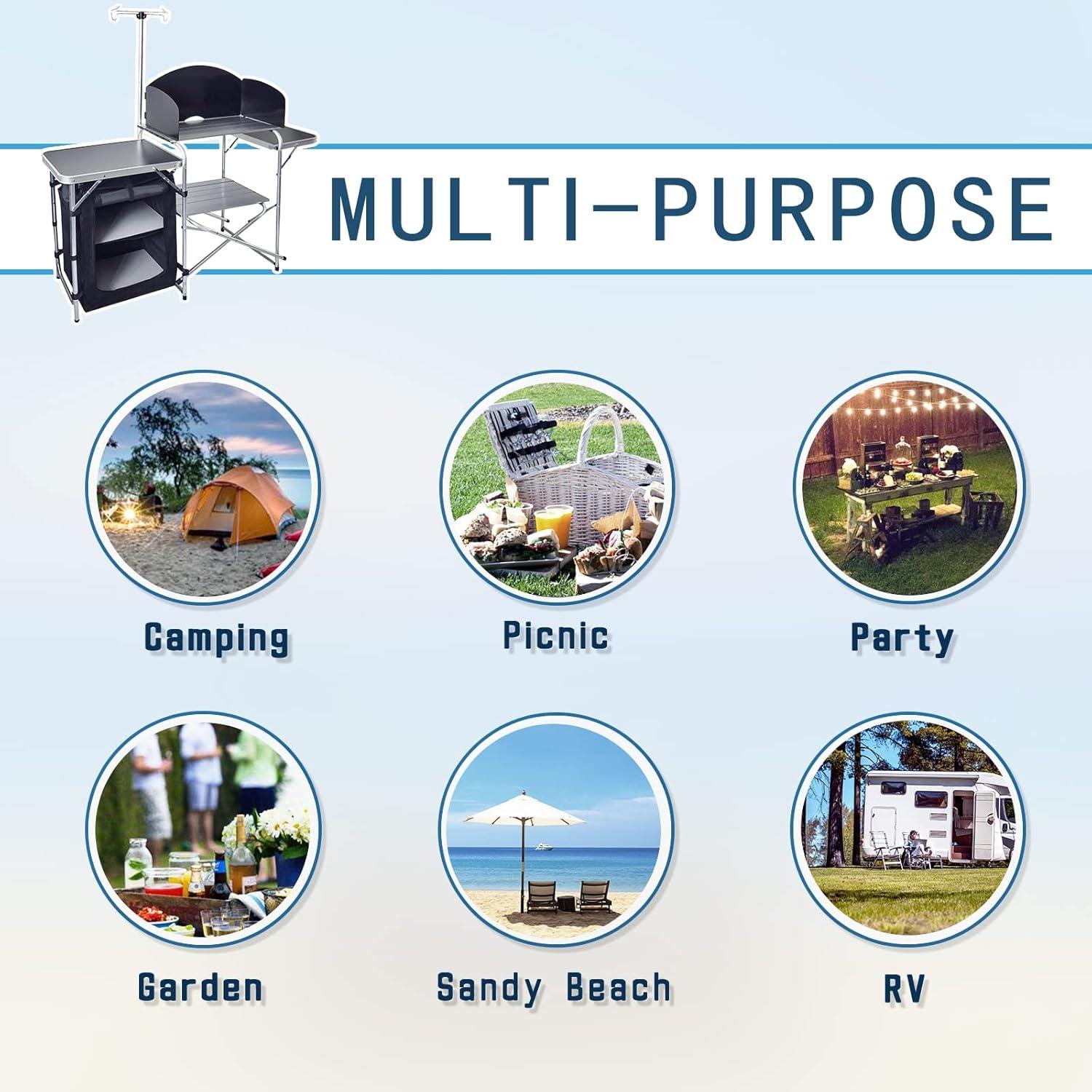 CampLand Folding Cooking Table Outdoor Portable Cook Station Aluminum Camping Kitchen with Storage Organizer (Black)