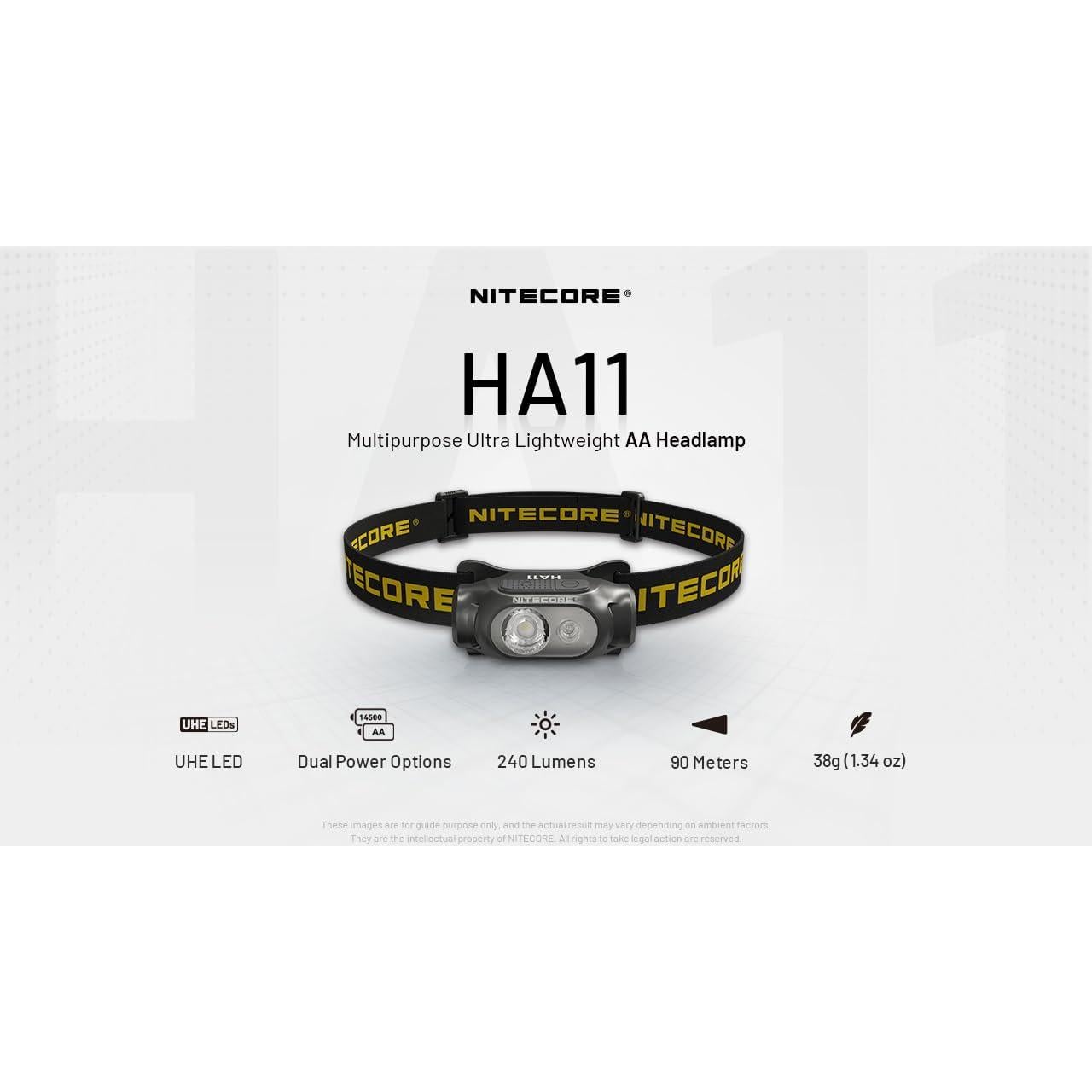 Nitecore HA11 Camping Headlamp, 240 Lumen Ultra Lightweight, use 1xAA Battery with Multi-Purpose Clip (Strap Headband)