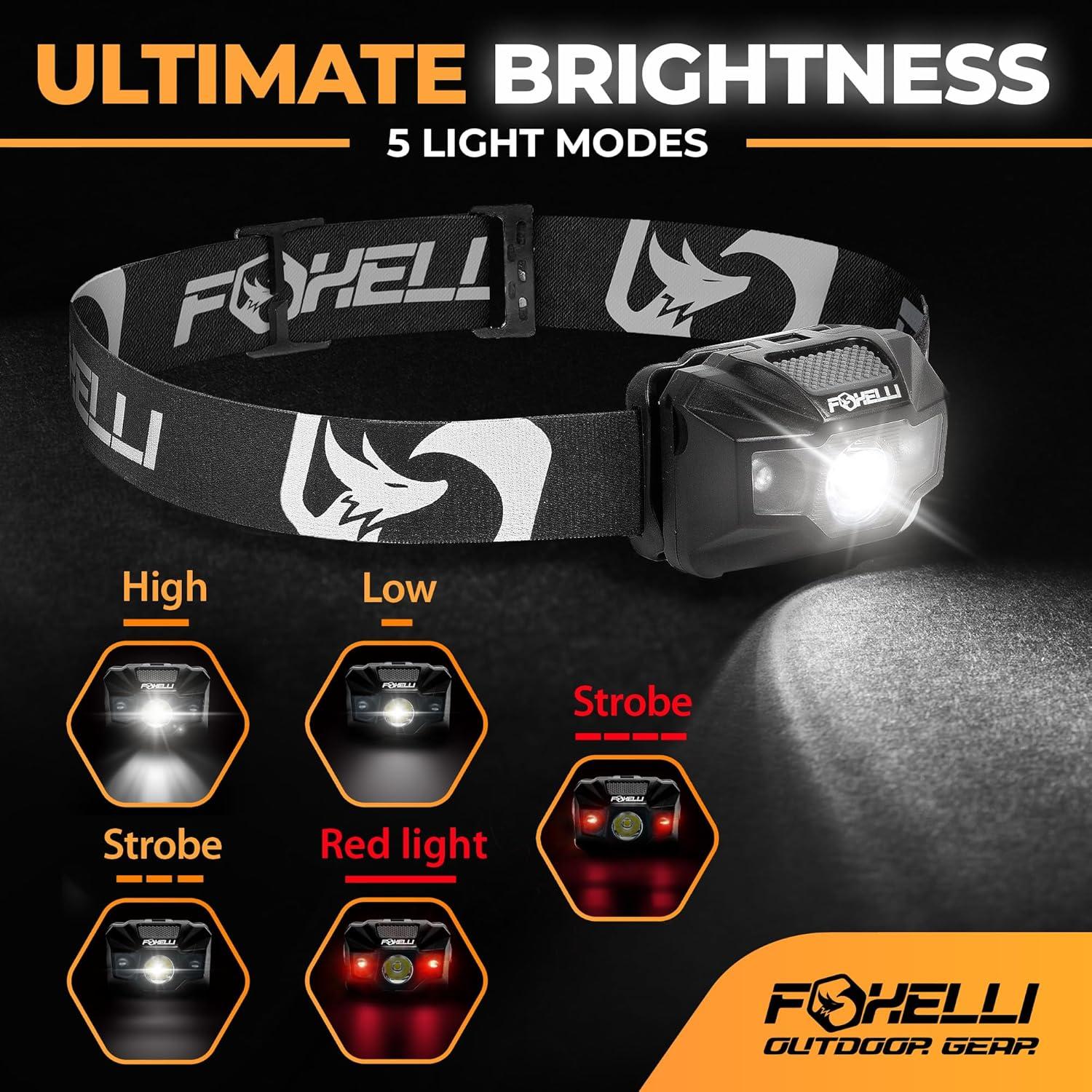 Linterna Frontal LED Foxelli MX200B - Recargable, 180 Lúmenes, IPX5