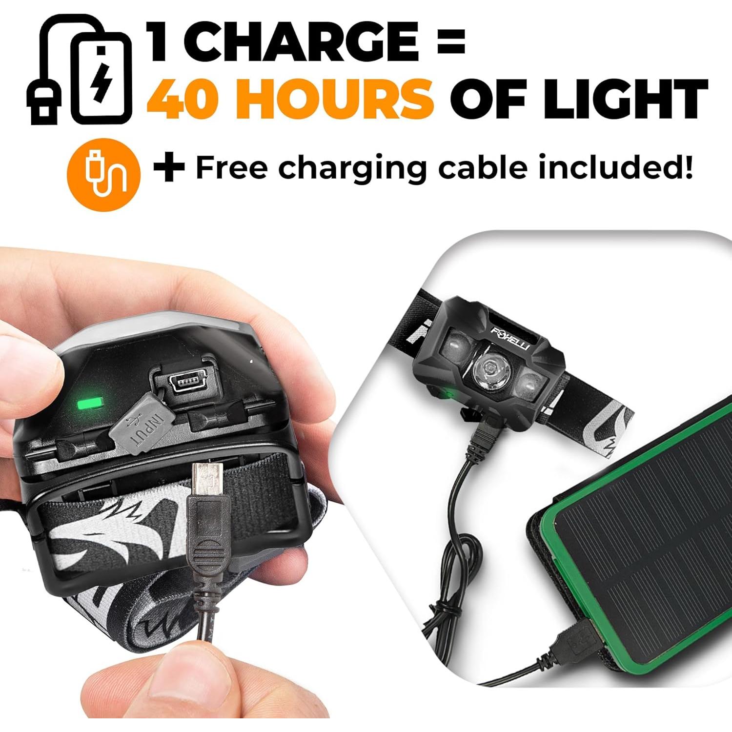 Linterna Frontal LED Foxelli MX200B - Recargable, 180 Lúmenes, IPX5