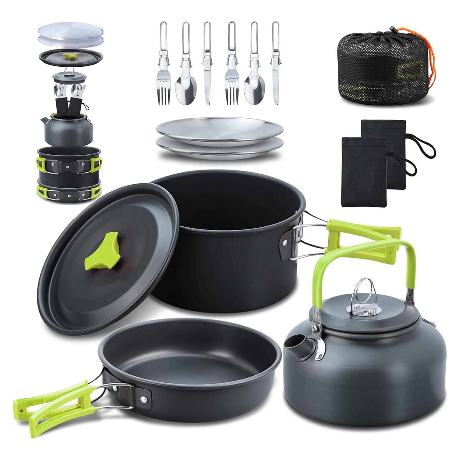 Set de Cocina Camping Lixada 16 Piezas Aluminio Verde