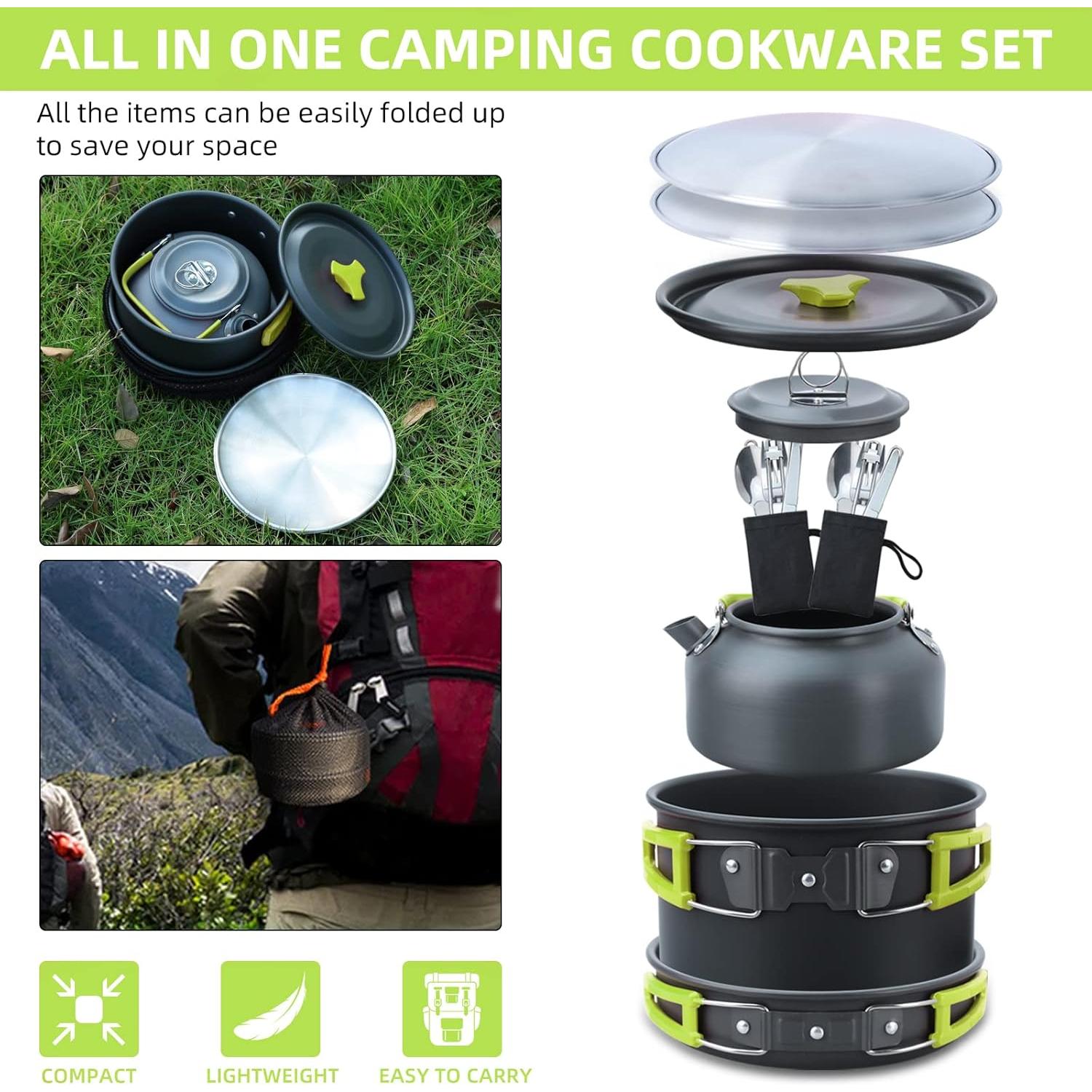 Set de Cocina Camping Lixada 16 Piezas Aluminio Verde