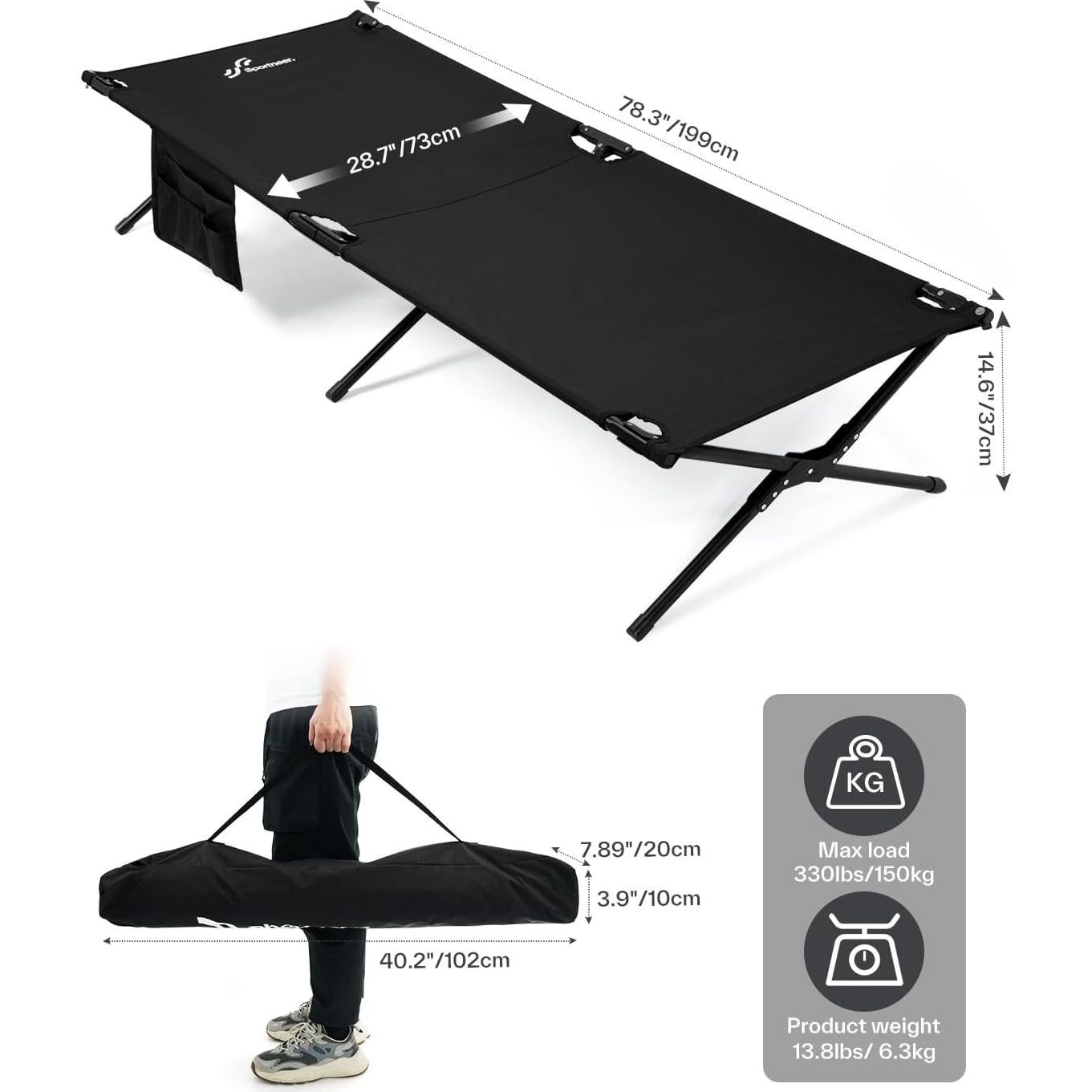 Cama Plegable Sportneer 198.7x73cm para Camping - Soporta 149.7kg