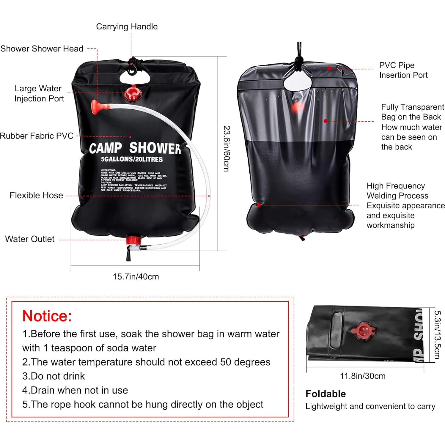 2 Bolsas de Ducha Solar Ailker 20L con Manguera y Cabezal