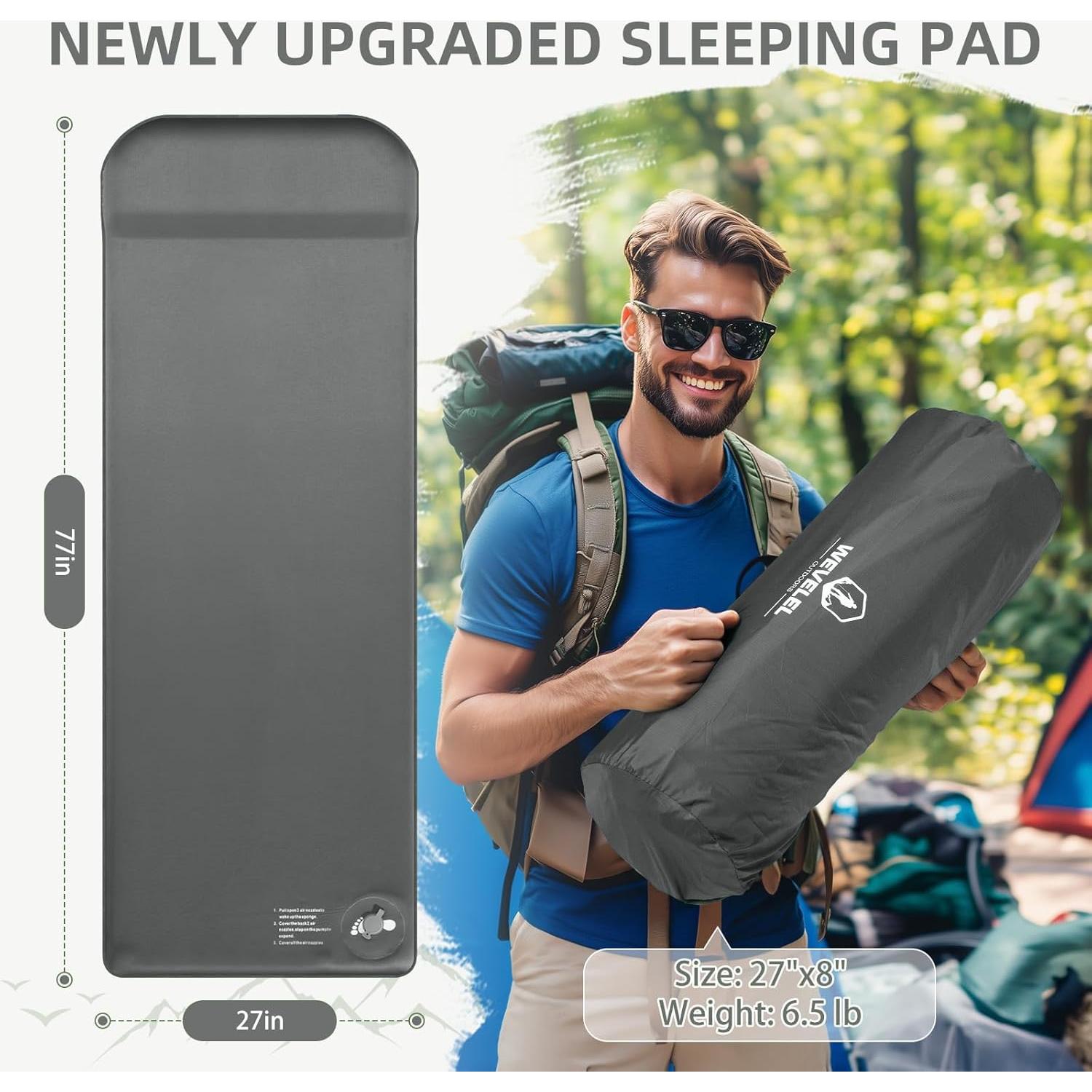 Colchón de Camping Wevelel 3.5" (8.9 cm) Auto-inflable Gris