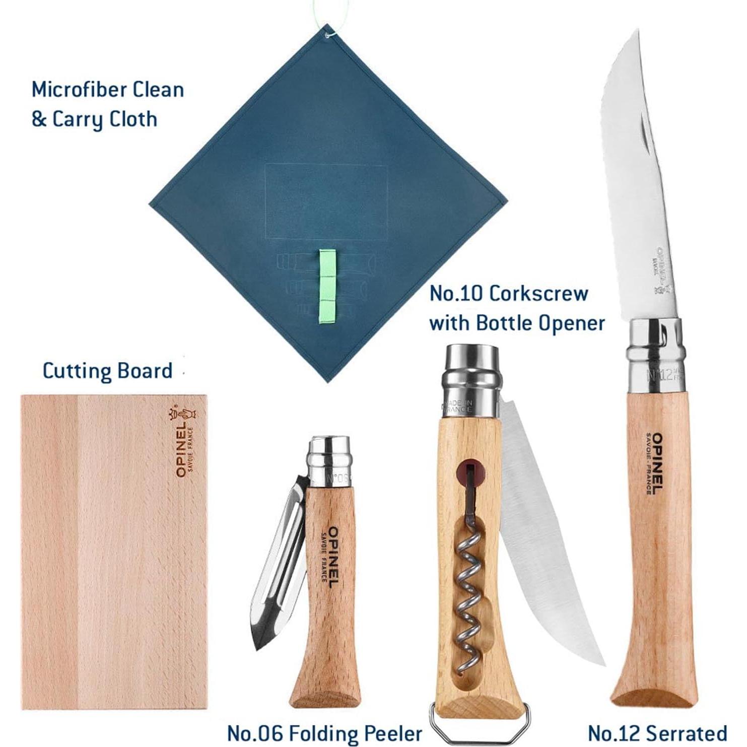 OPINEL Nomad Camping Kitchen Utensil Kit, Includes No.12 Serrated Knife, No. 10 Corkscrew Knife, No. 6 Peeler, Cutting Board