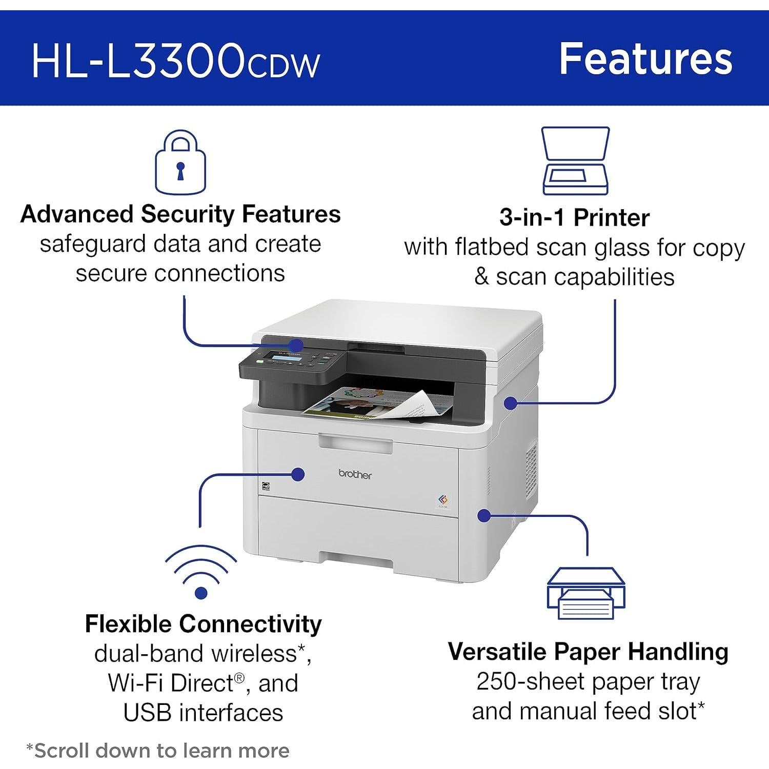 Brother HL-L3300CDW Wireless Digital Color Multi-Function Printer with Laser Quality Output, Copy & Scan, Duplex, Mobile | Includes 4 Month Refresh Subscription Trial ¹ Amazon Dash Replenishment Ready