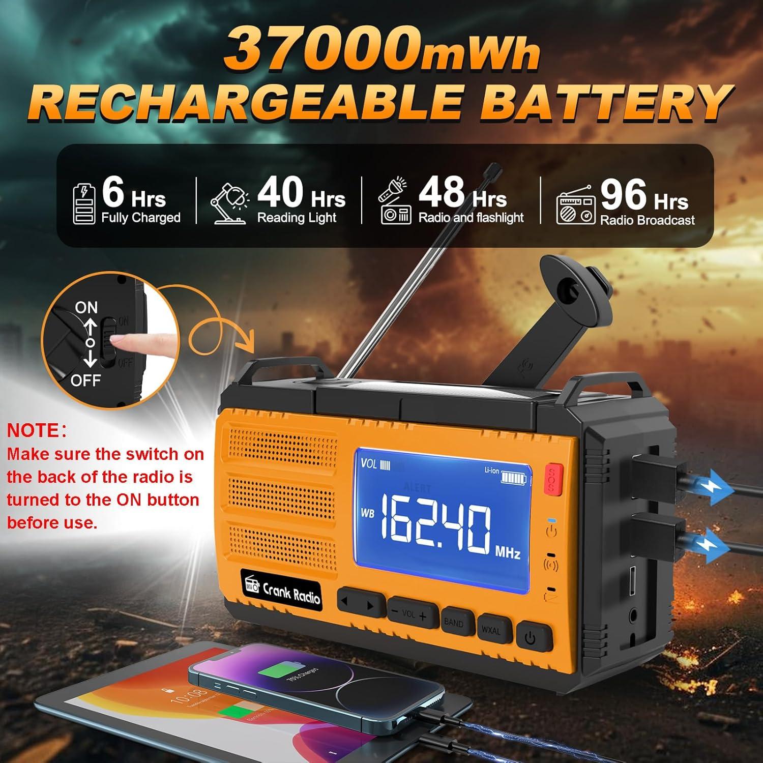 Radio de Emergencia Solar Yesiwtc 37000mWh AM/FM NOAA con Linterna