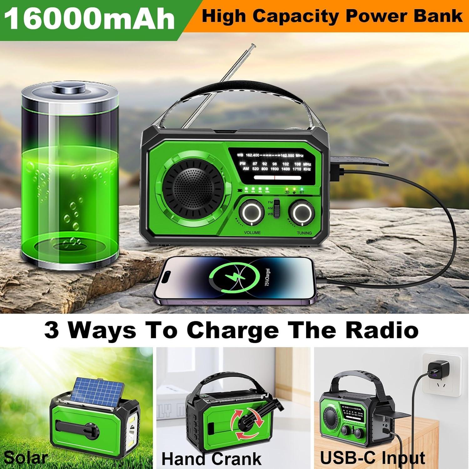 Radio de Emergencia ZZMICHP 16000mAh Bluetooth Solar NOAA Verde