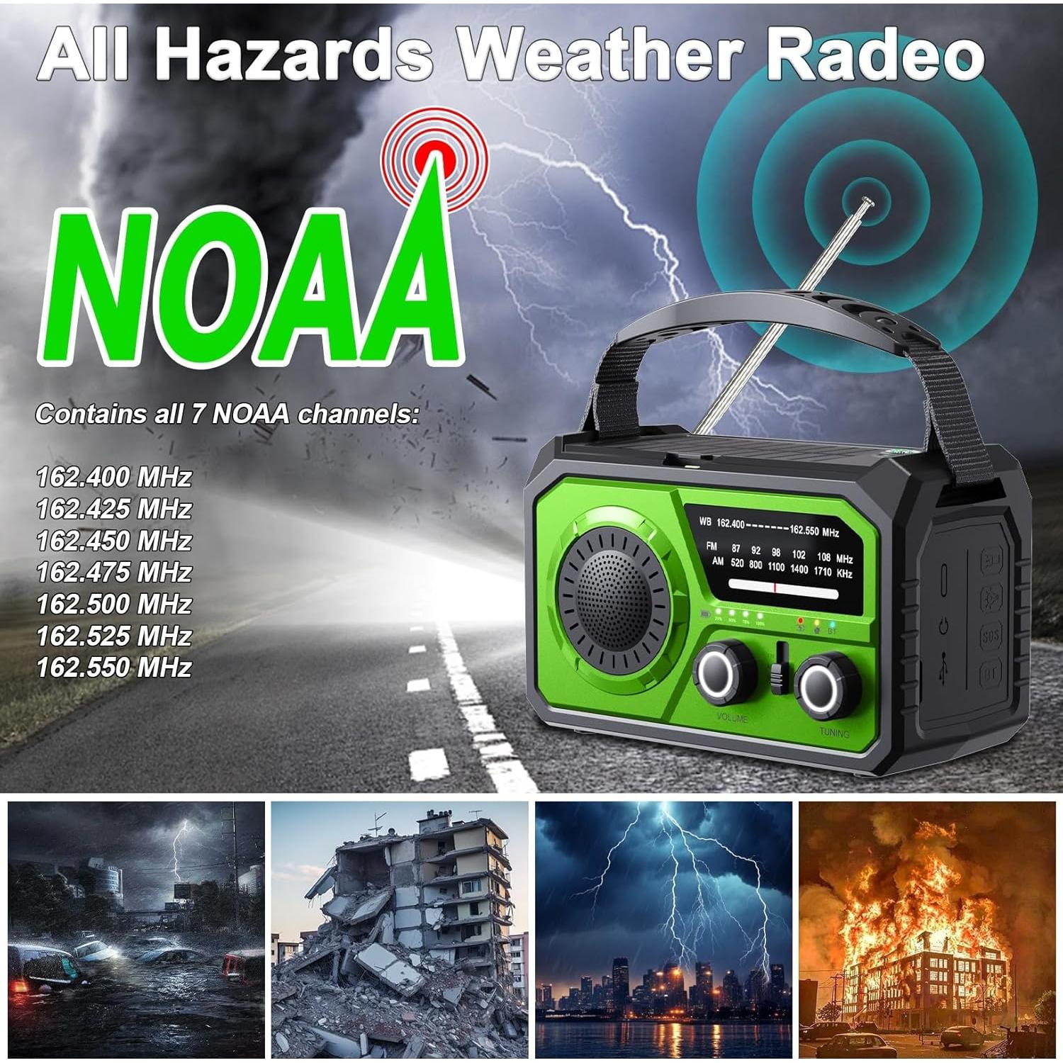 Radio de Emergencia ZZMICHP 16000mAh Bluetooth Solar NOAA Verde