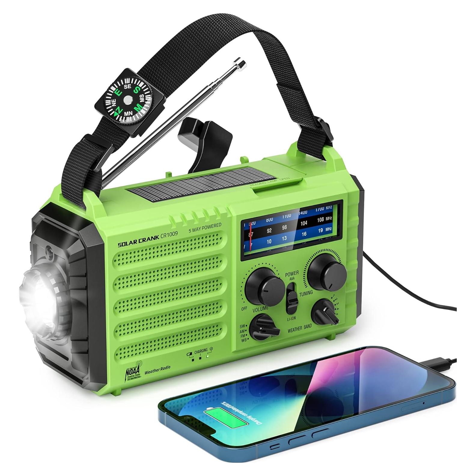 Emergency Weather Radio – 18500mWh Portable AM/FM/SW/NOAA Radio with Solar Hand Crank, Rechargeable Battery, USB Charger, LED Flashlight, Reading Light, and SOS Alarm, for Home Outdoor (Green)