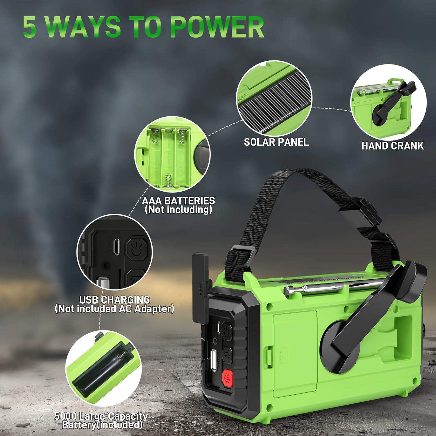 Emergency Weather Radio – 18500mWh Portable AM/FM/SW/NOAA Radio with Solar Hand Crank, Rechargeable Battery, USB Charger, LED Flashlight, Reading Light, and SOS Alarm, for Home Outdoor (Green)
