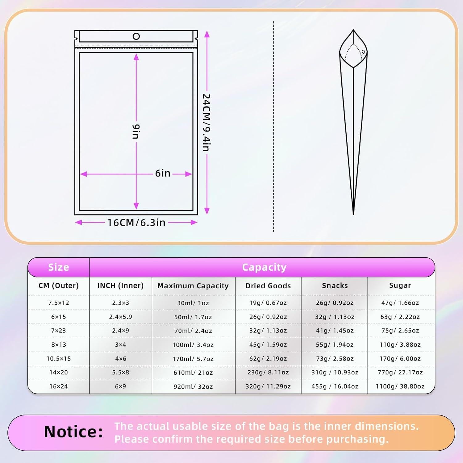 50 Bolsas Holográficas Mylar Reutilizables 6.35x7.62cm Jetmore