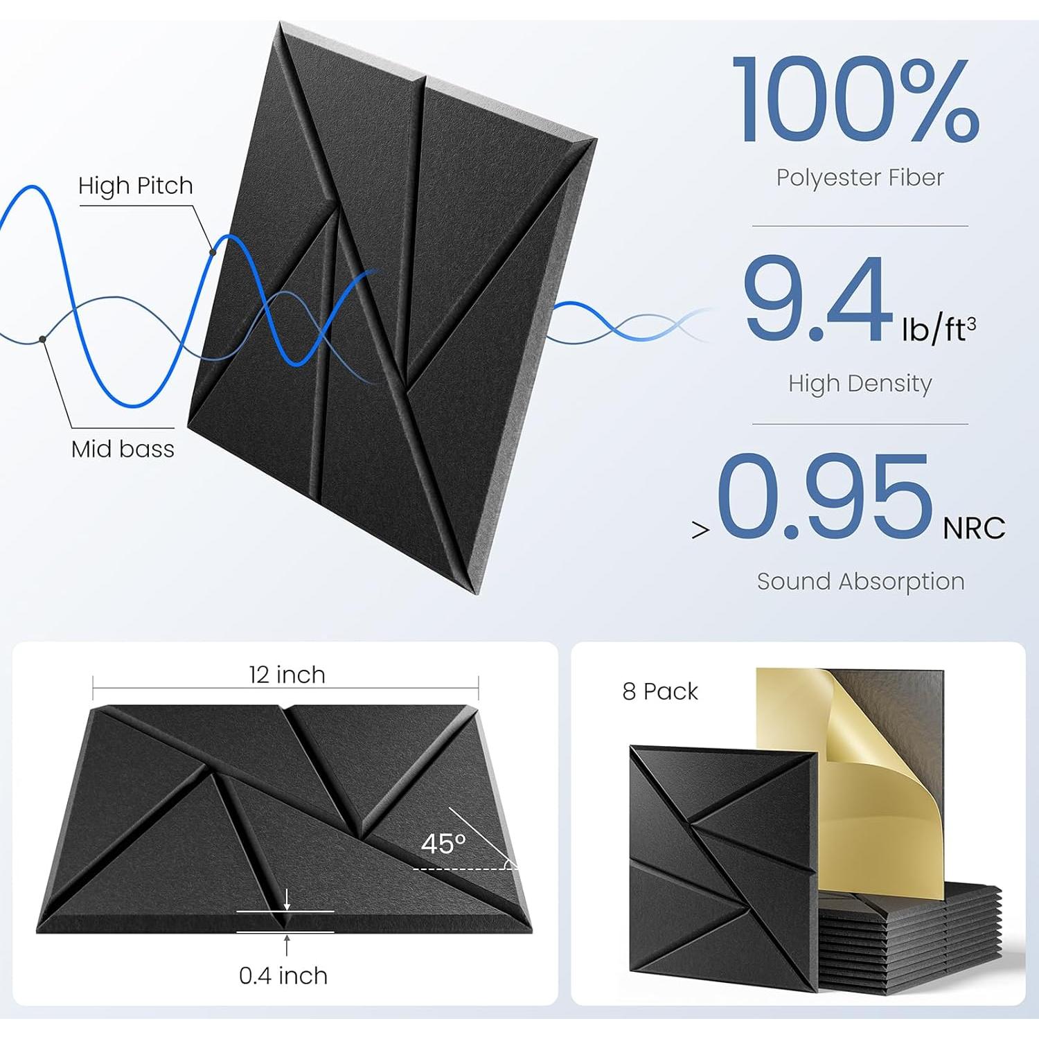 Paquete de 8 Paneles Acústicos Autoadhesivos 30.48cm - Negro