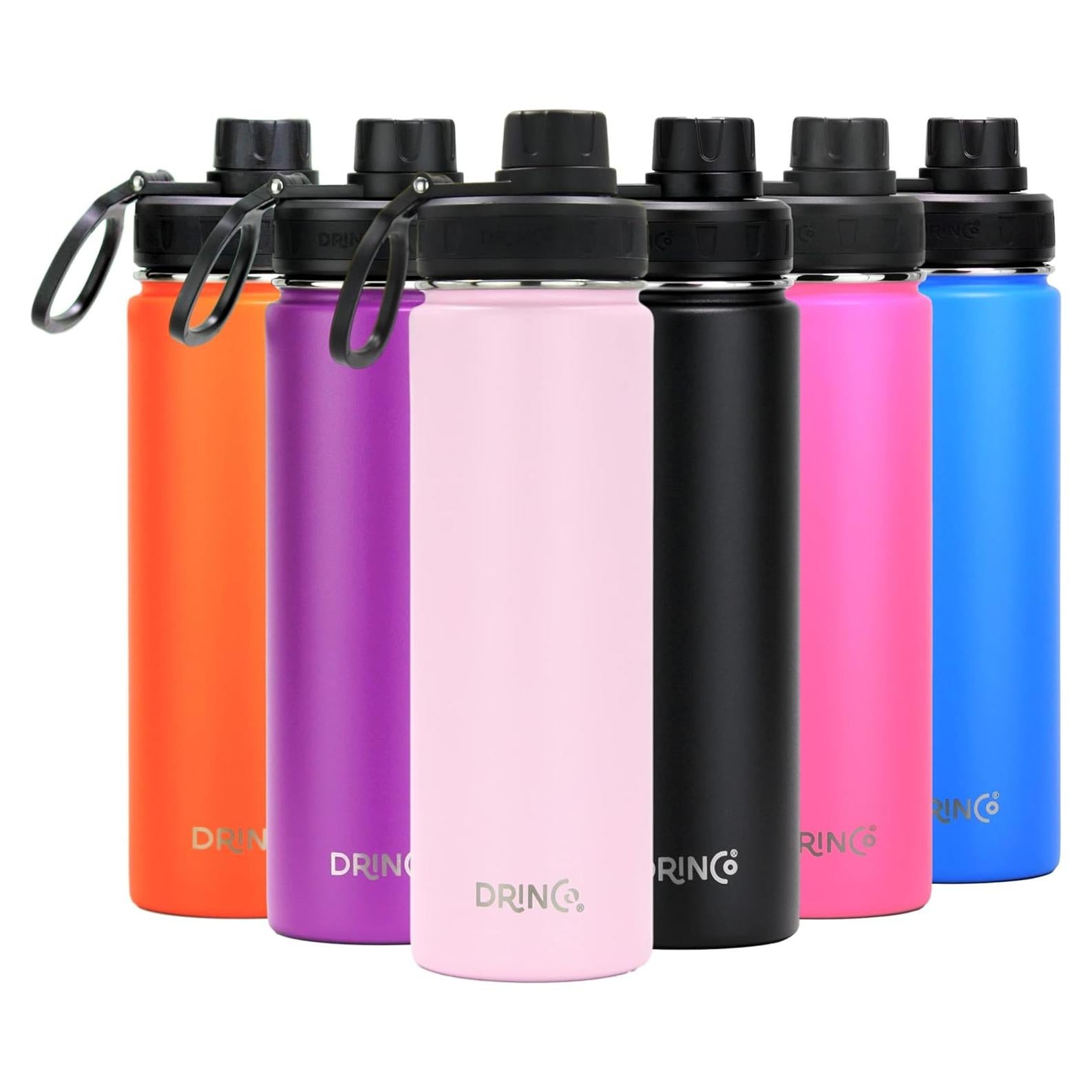 DRINCO Stainless Steel Water Bottle Spout Lid Vacuum Insulated Double Wall Water Bottle Wide Mouth (40oz 32oz 22oz 18oz 14oz) Leak Proof Keeps Cold or Hot (22 oz, 22oz Flamingo Pink)