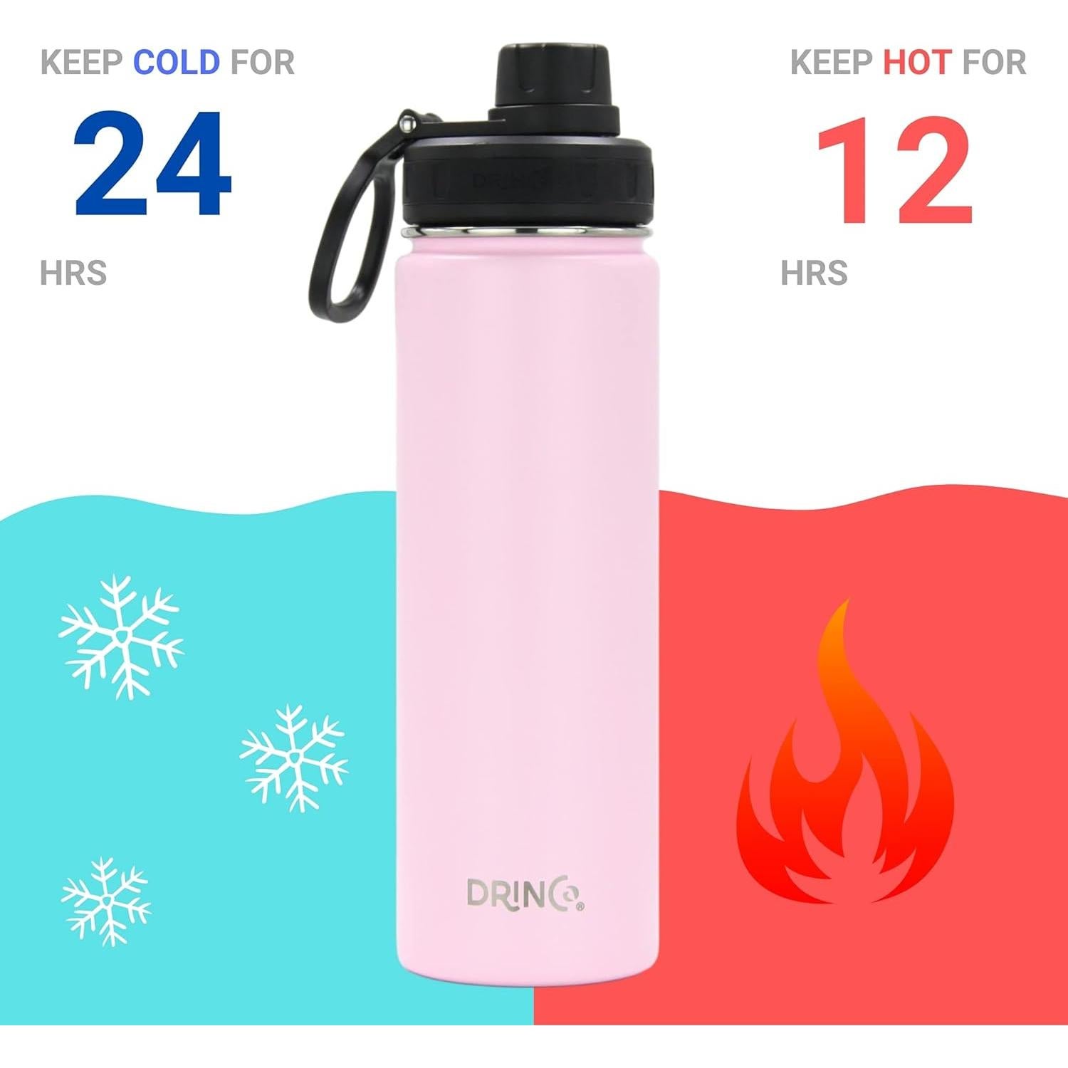 DRINCO Stainless Steel Water Bottle Spout Lid Vacuum Insulated Double Wall Water Bottle Wide Mouth (40oz 32oz 22oz 18oz 14oz) Leak Proof Keeps Cold or Hot (22 oz, 22oz Flamingo Pink)