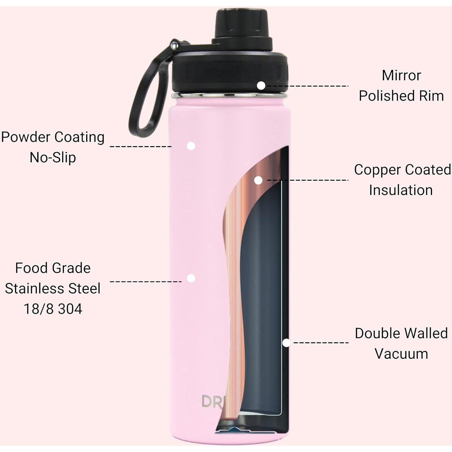 DRINCO Stainless Steel Water Bottle Spout Lid Vacuum Insulated Double Wall Water Bottle Wide Mouth (40oz 32oz 22oz 18oz 14oz) Leak Proof Keeps Cold or Hot (22 oz, 22oz Flamingo Pink)
