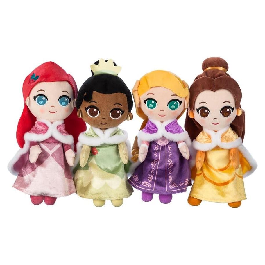 Disney Store Princess Toys Soft Dolls - Ariel, Belle, Tiana & Rapunzel - Plush Princess Toys with Shimmering Gowns, Faux Fur Capes, Winter Gloves & Earrings (Set of 4)
