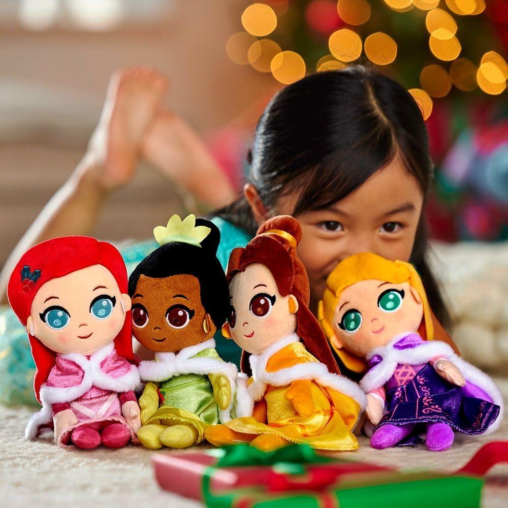 Disney Store Princess Toys Soft Dolls - Ariel, Belle, Tiana & Rapunzel - Plush Princess Toys with Shimmering Gowns, Faux Fur Capes, Winter Gloves & Earrings (Set of 4)