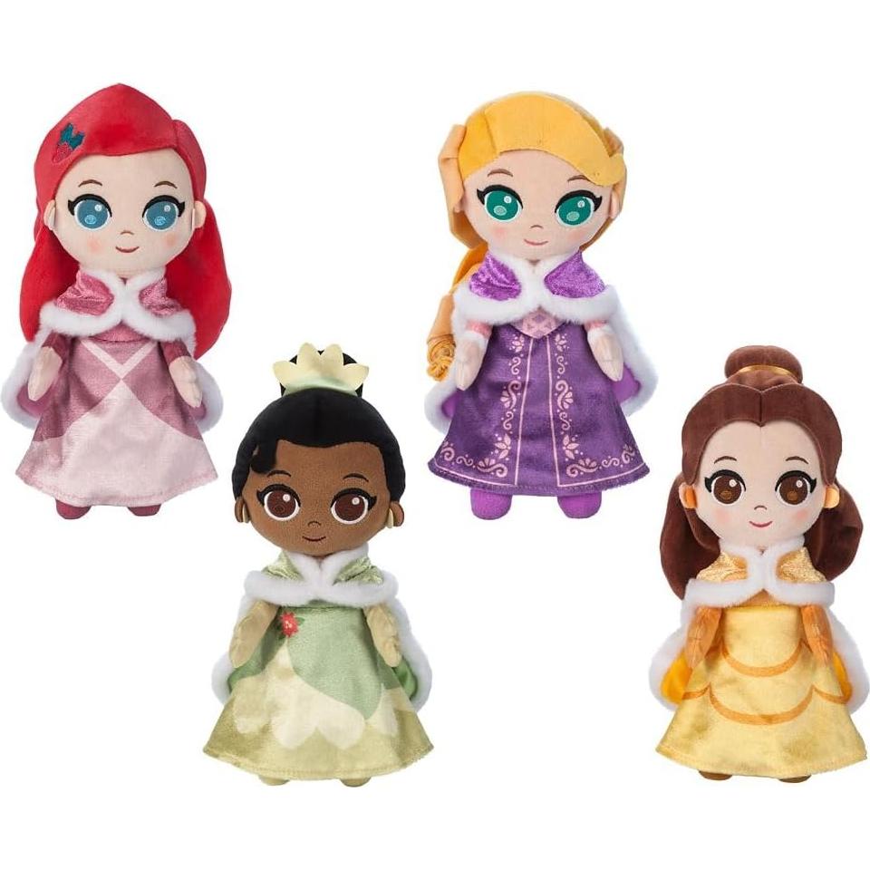 Disney Store Princess Toys Soft Dolls - Ariel, Belle, Tiana & Rapunzel - Plush Princess Toys with Shimmering Gowns, Faux Fur Capes, Winter Gloves & Earrings (Set of 4)