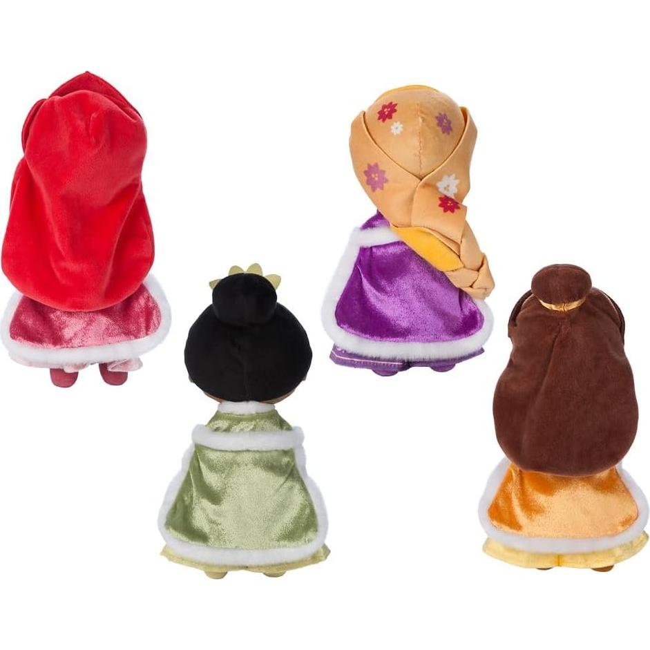 Disney Store Princess Toys Soft Dolls - Ariel, Belle, Tiana & Rapunzel - Plush Princess Toys with Shimmering Gowns, Faux Fur Capes, Winter Gloves & Earrings (Set of 4)