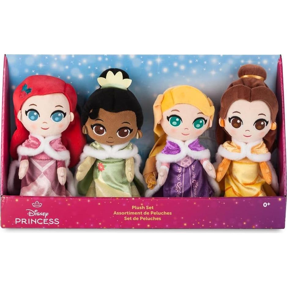 Disney Store Princess Toys Soft Dolls - Ariel, Belle, Tiana & Rapunzel - Plush Princess Toys with Shimmering Gowns, Faux Fur Capes, Winter Gloves & Earrings (Set of 4)