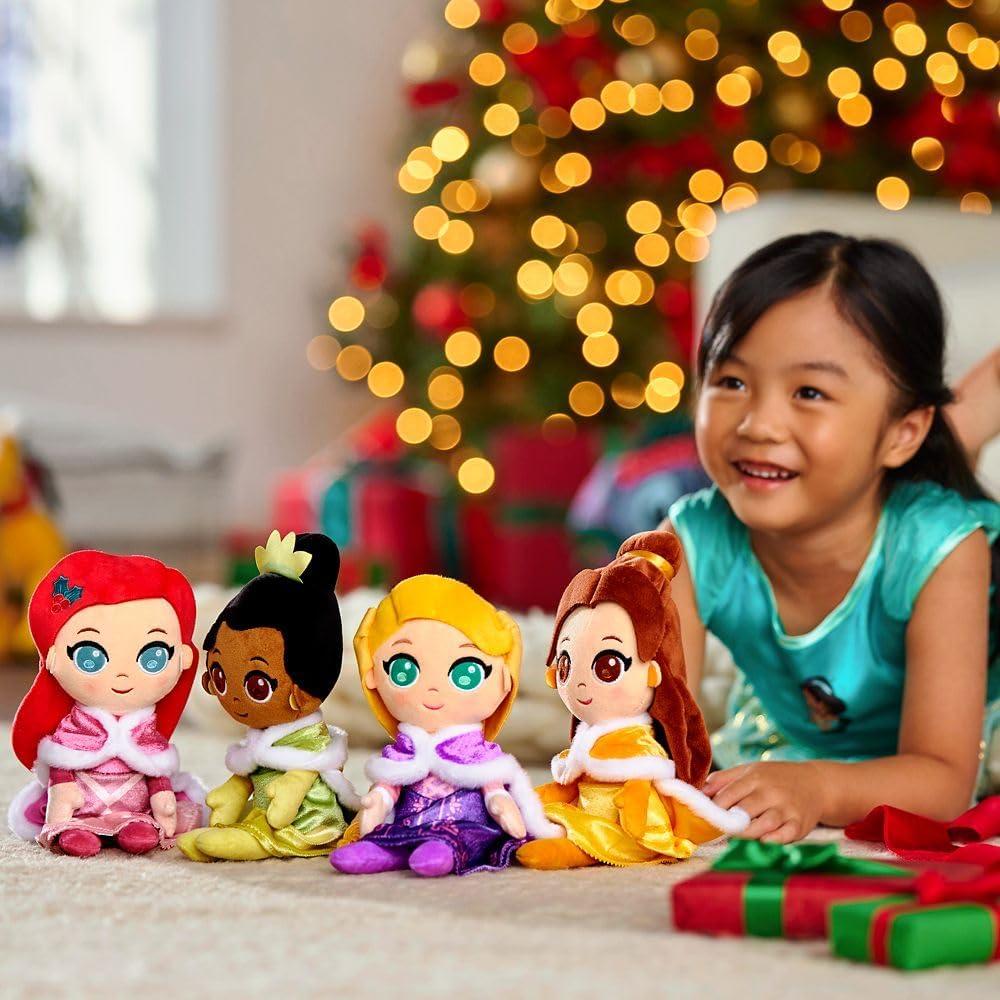 Disney Store Princess Toys Soft Dolls - Ariel, Belle, Tiana & Rapunzel - Plush Princess Toys with Shimmering Gowns, Faux Fur Capes, Winter Gloves & Earrings (Set of 4)