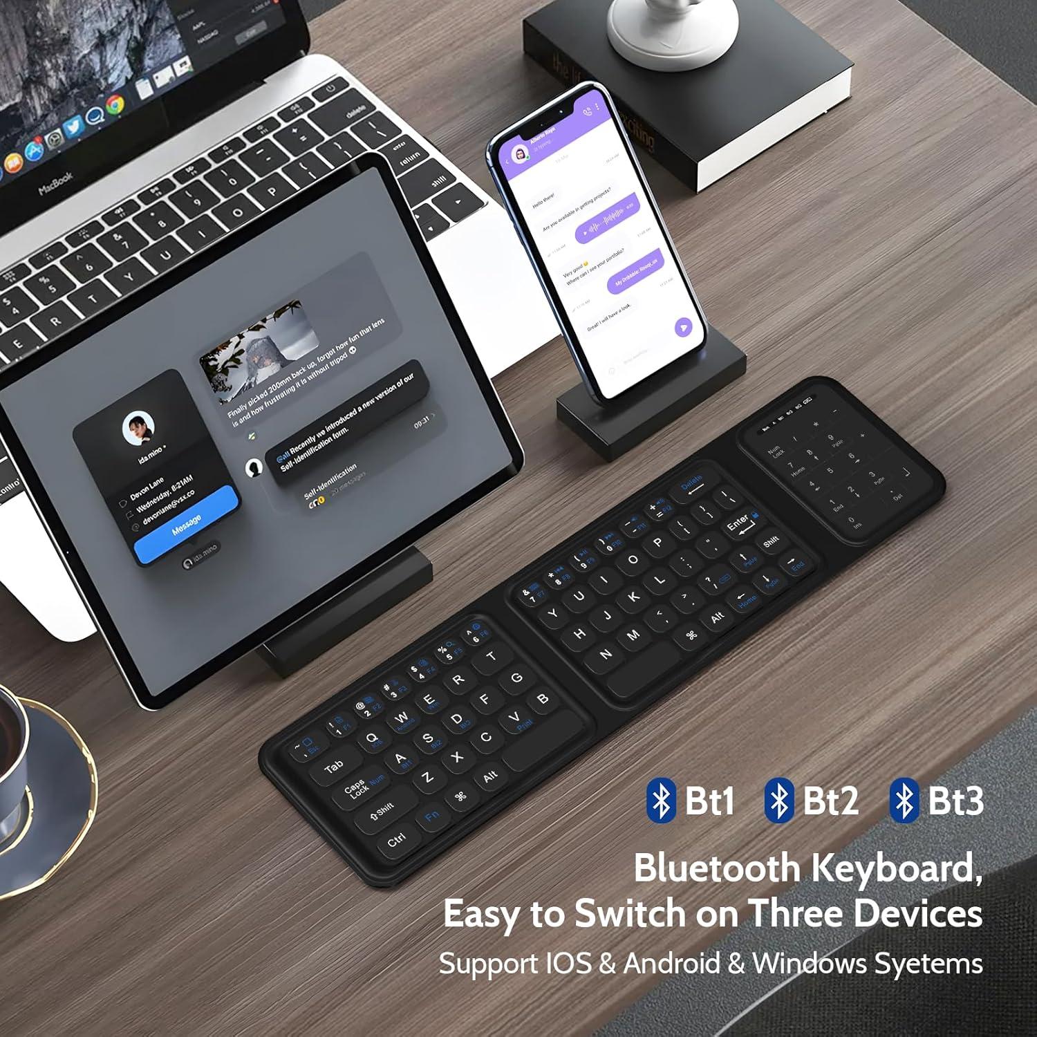 LAMA Foldable Bluetooth Keyboard, Folding Wireless Keyboard with Trackpad and Numeric Keypad, Portable Keyboards for iPad Tablet Smartphone Laptop PC Android Windows iOS, Support 3 Device