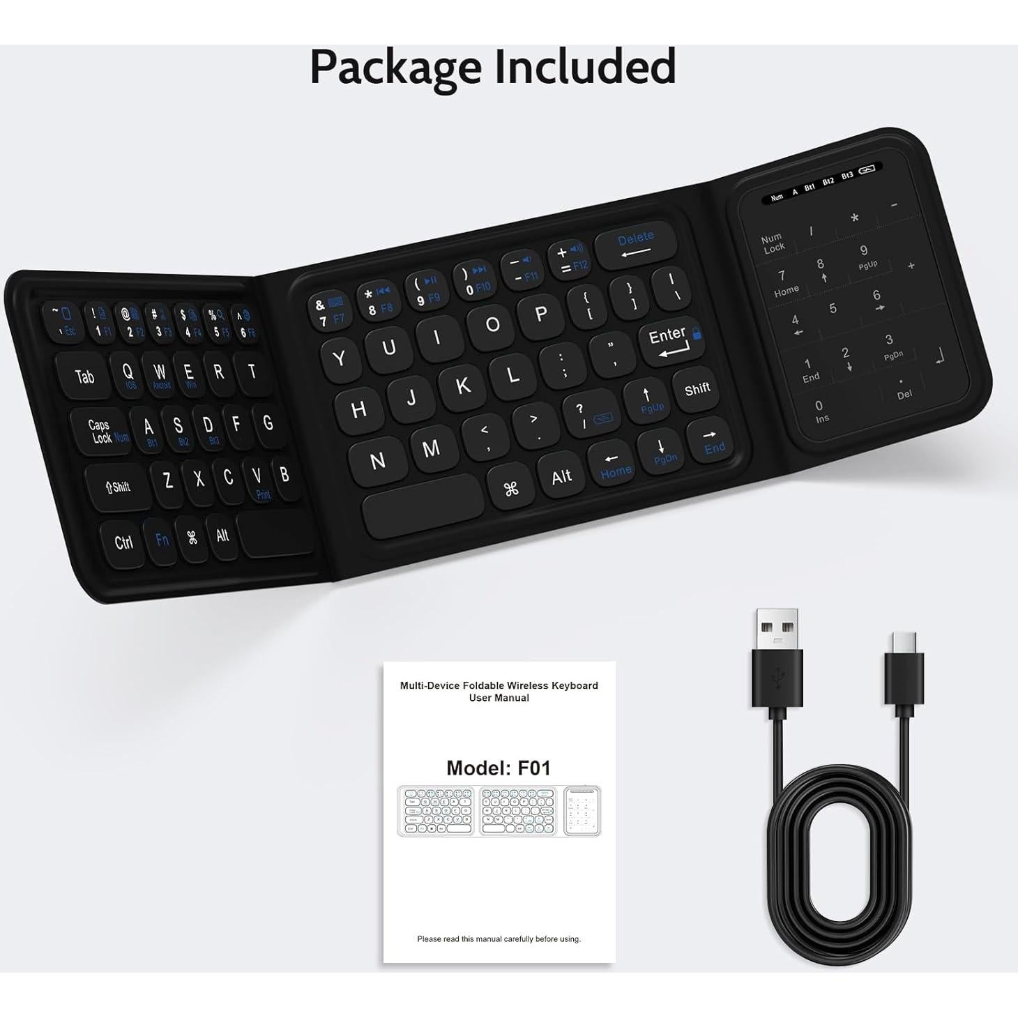 LAMA Foldable Bluetooth Keyboard, Folding Wireless Keyboard with Trackpad and Numeric Keypad, Portable Keyboards for iPad Tablet Smartphone Laptop PC Android Windows iOS, Support 3 Device