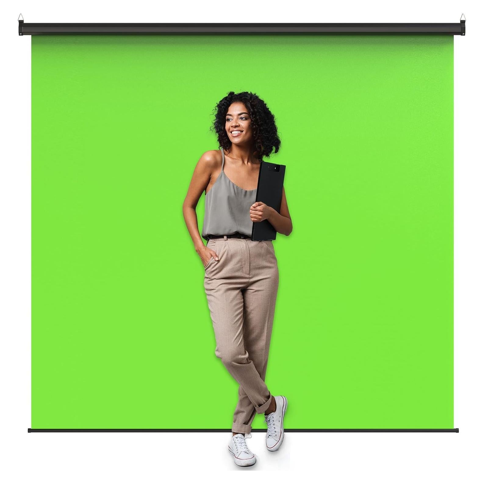【Wider Style】 KHOMO GEAR Green Screen 84 x 84 inch – Extra Large Pull Down Backdrop – Portable Collapsible Roll Down Projector Screen – Green Screen for Video, Streaming, and Photography