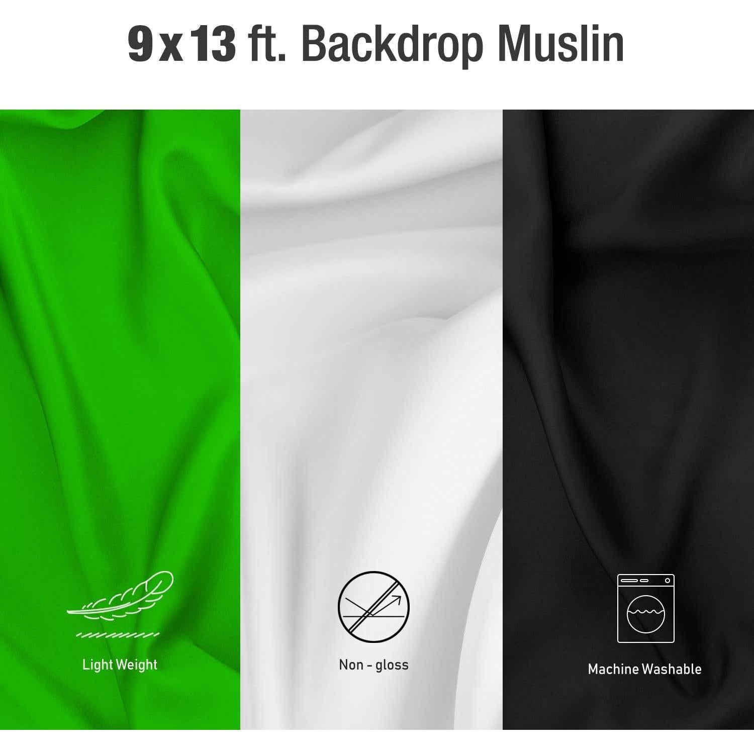 Julius Studio 9 x 13 ft. White, Black, Green Chromakey Background Backdrop Screen Bundle, Premium High Density > 150GSM Fabric A+ Grade, Wrinkle Resistant, Video Studio, Party, Events, PROMO05_AM1