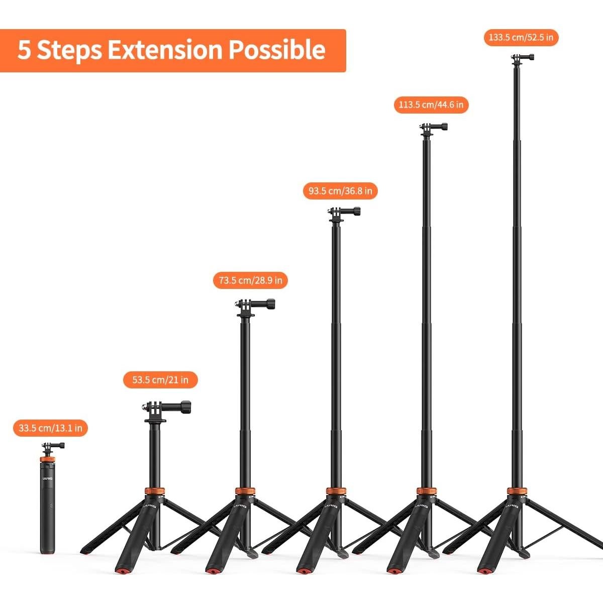 UURig Telescopic Selfie Stick Long with Tripod, Waterproof Hand Grip, for Insta360 GoPro Hero 10 9 8 7 6 5 4 3 2, Fusion, Max, Session, AKASO, SJCAM, DJI OSMO GoPro