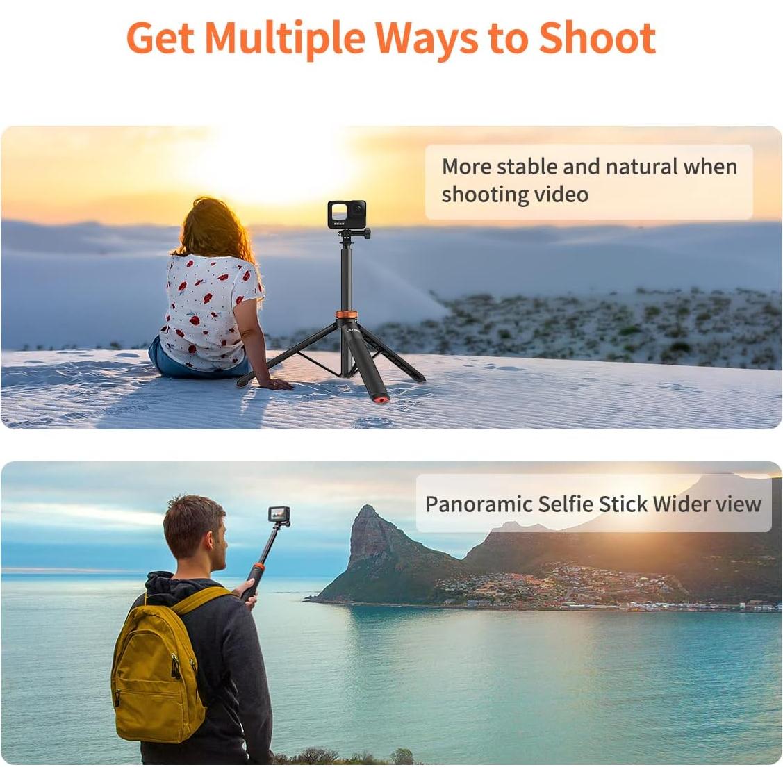 UURig Telescopic Selfie Stick Long with Tripod, Waterproof Hand Grip, for Insta360 GoPro Hero 10 9 8 7 6 5 4 3 2, Fusion, Max, Session, AKASO, SJCAM, DJI OSMO GoPro
