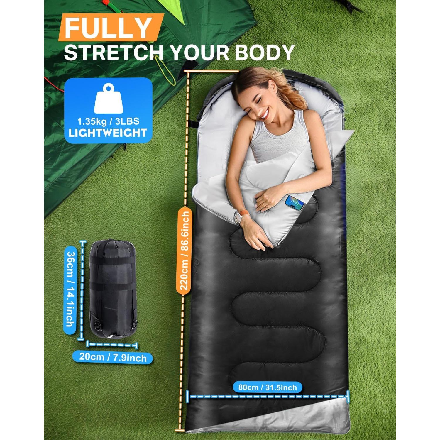 Rantizon Sleeping Bags for Adults Backpacking Lightweight Waterproof- Cold/Warm Weather Sleeping Bag for Mens Kids Boys Girls Camping Essentials Hiking Outdoor Travel Hunting with Compression Bags