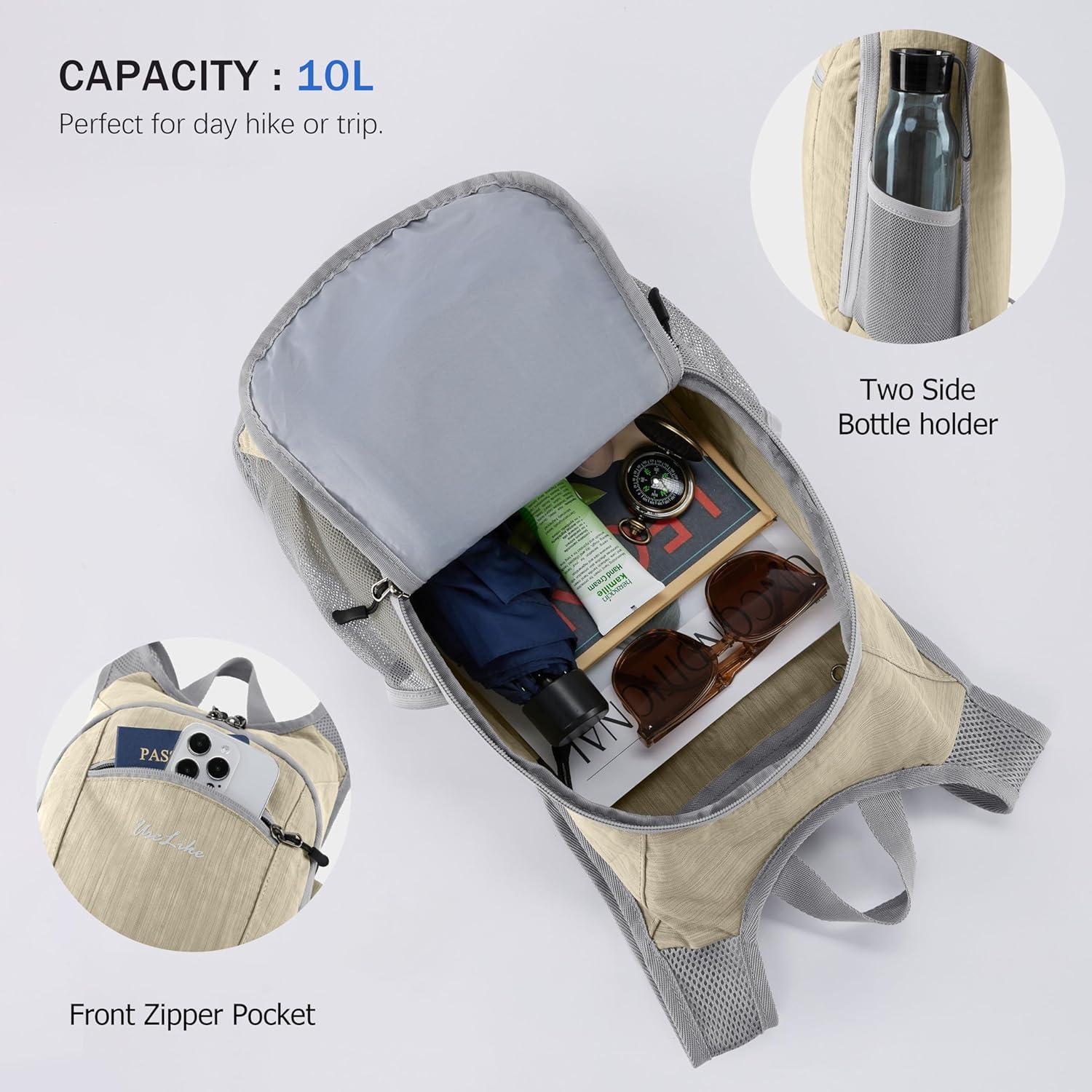 Mochila de Senderismo Plegable 10L Unisex Beige - Ligera y Resistente al Agua