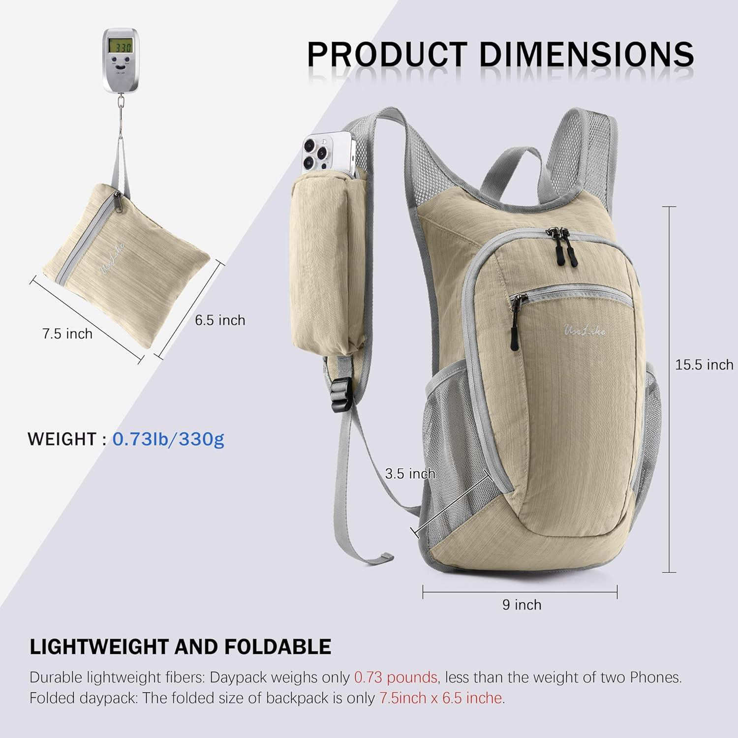 Mochila de Senderismo Plegable 10L Unisex Beige - Ligera y Resistente al Agua