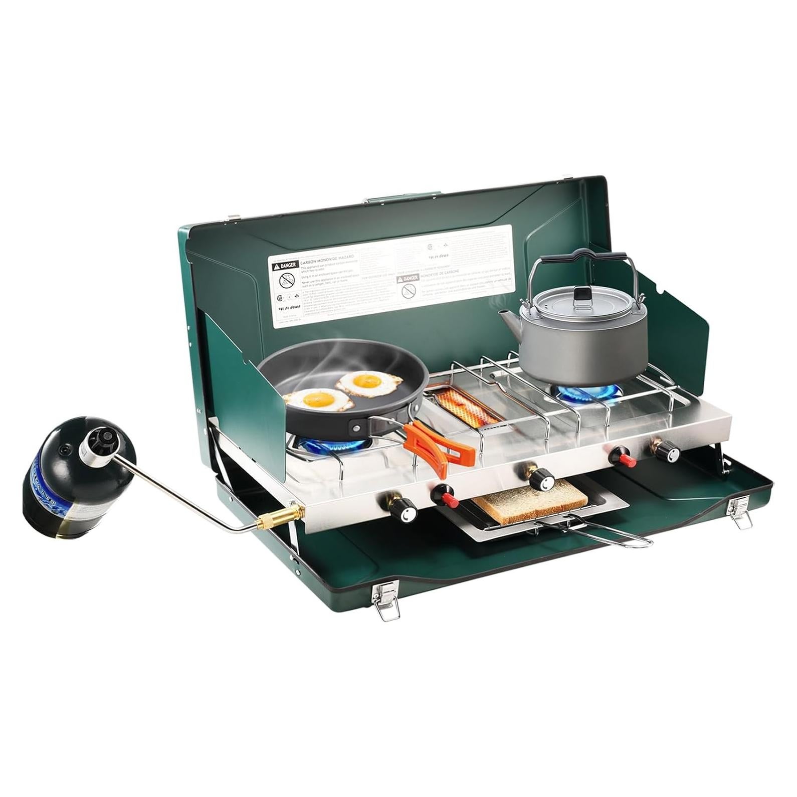 2 Burner Propane Camping Stove, Portable Camp stove/Grill with Adjustable Burners, Wind Guards, Toast Tray, Push-Button Instant Ignition, Total 20400 BTU for Camping, Picnics, Backyard BBQ