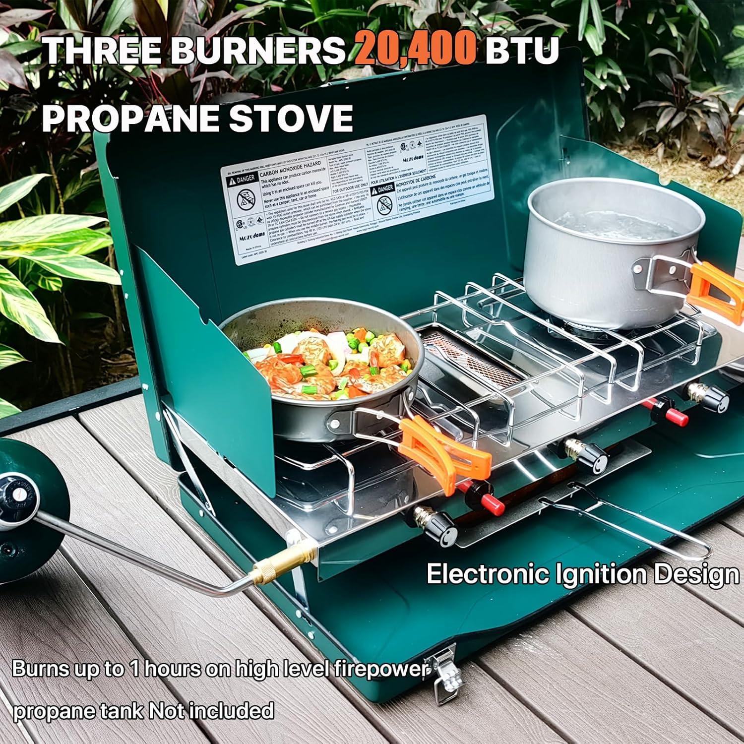 2 Burner Propane Camping Stove, Portable Camp stove/Grill with Adjustable Burners, Wind Guards, Toast Tray, Push-Button Instant Ignition, Total 20400 BTU for Camping, Picnics, Backyard BBQ
